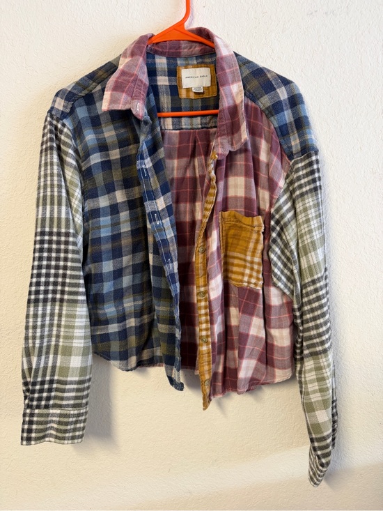 American Eagle Outfitters Tops - American Eagle Patchwork Plaid Flannel Button-Up Shirt with Mixed Colors XL